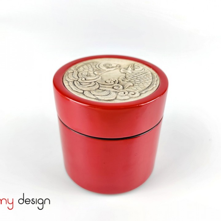 Red cylinder box with stone lid / Large size 10xH10.5 cm